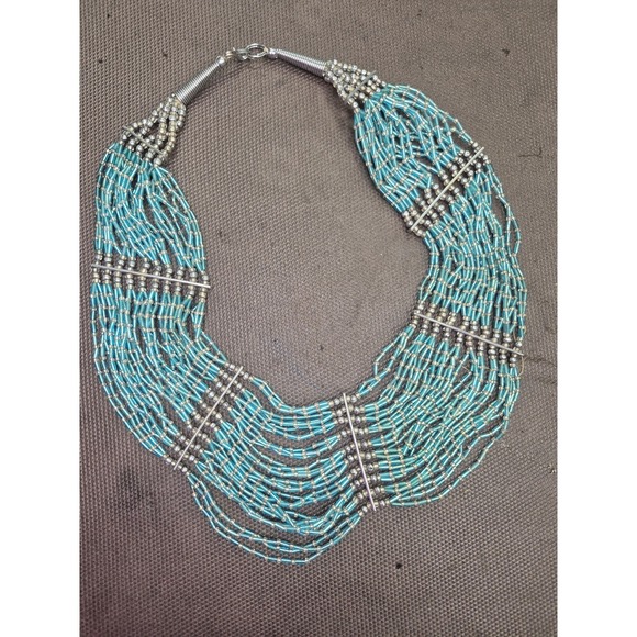 Jewelry - Beaded Necklace Turquoise Blue Silver Multi-Strand‎ Statement Jewelry
